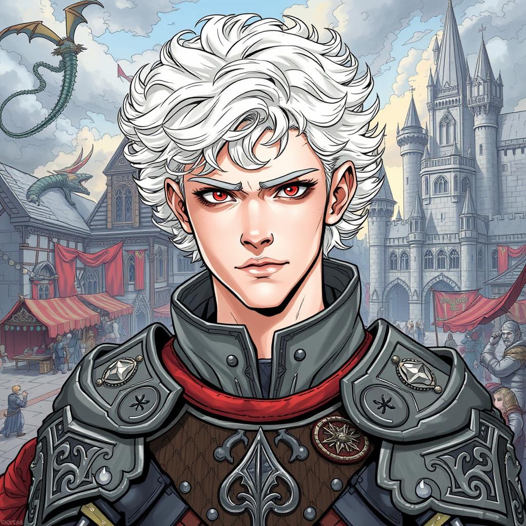 A 20-year-old albino man with pale skin, white curly hair, and striking red eyes, depicted in a fantasy Dungeons & Dragons medieval comic style