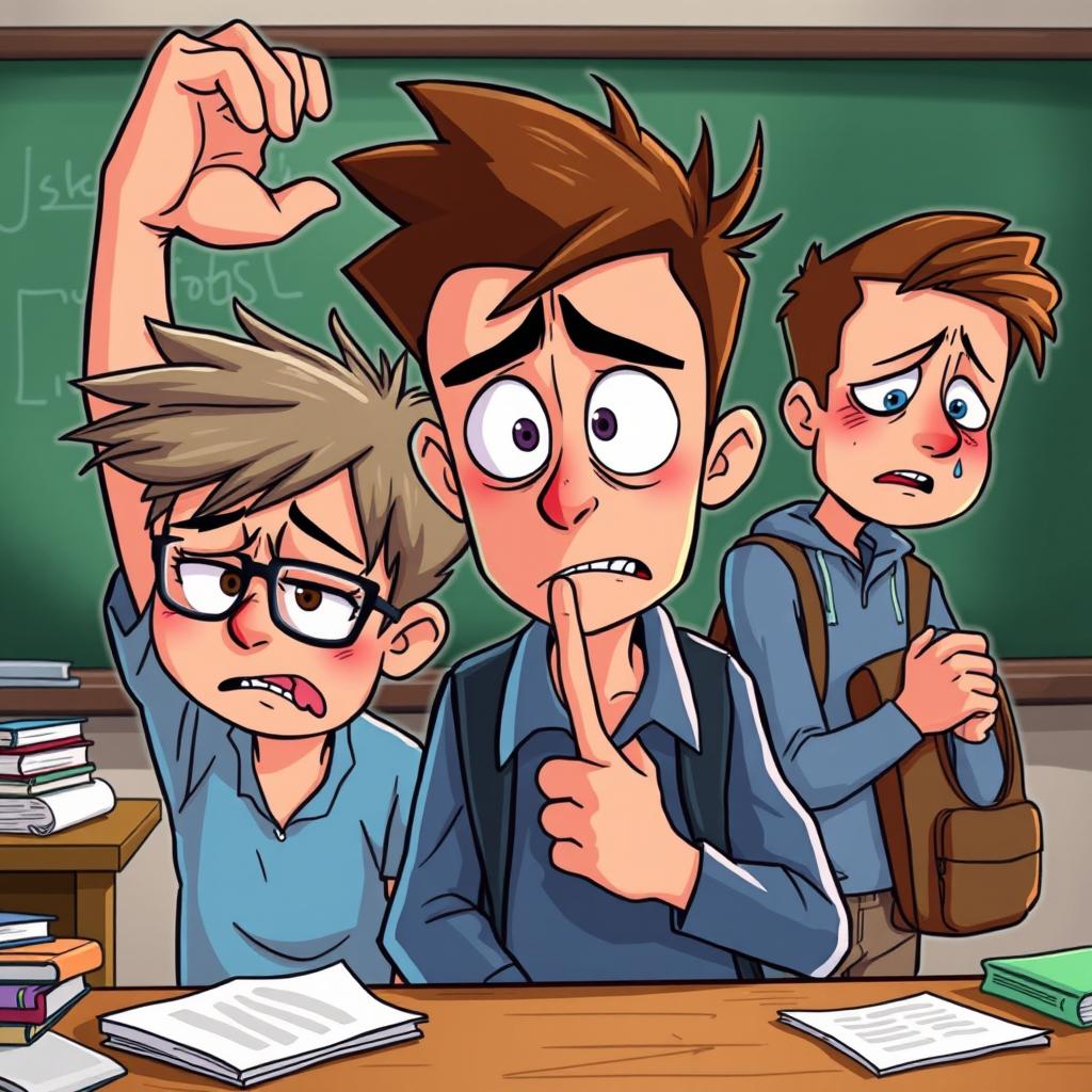 Three animated students expressing distress and frustration, capturing their emotions vividly
