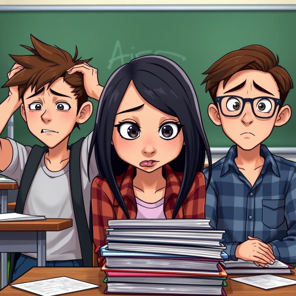 Three students, each displaying a unique expression of distress, set in a semi-realistic animated style