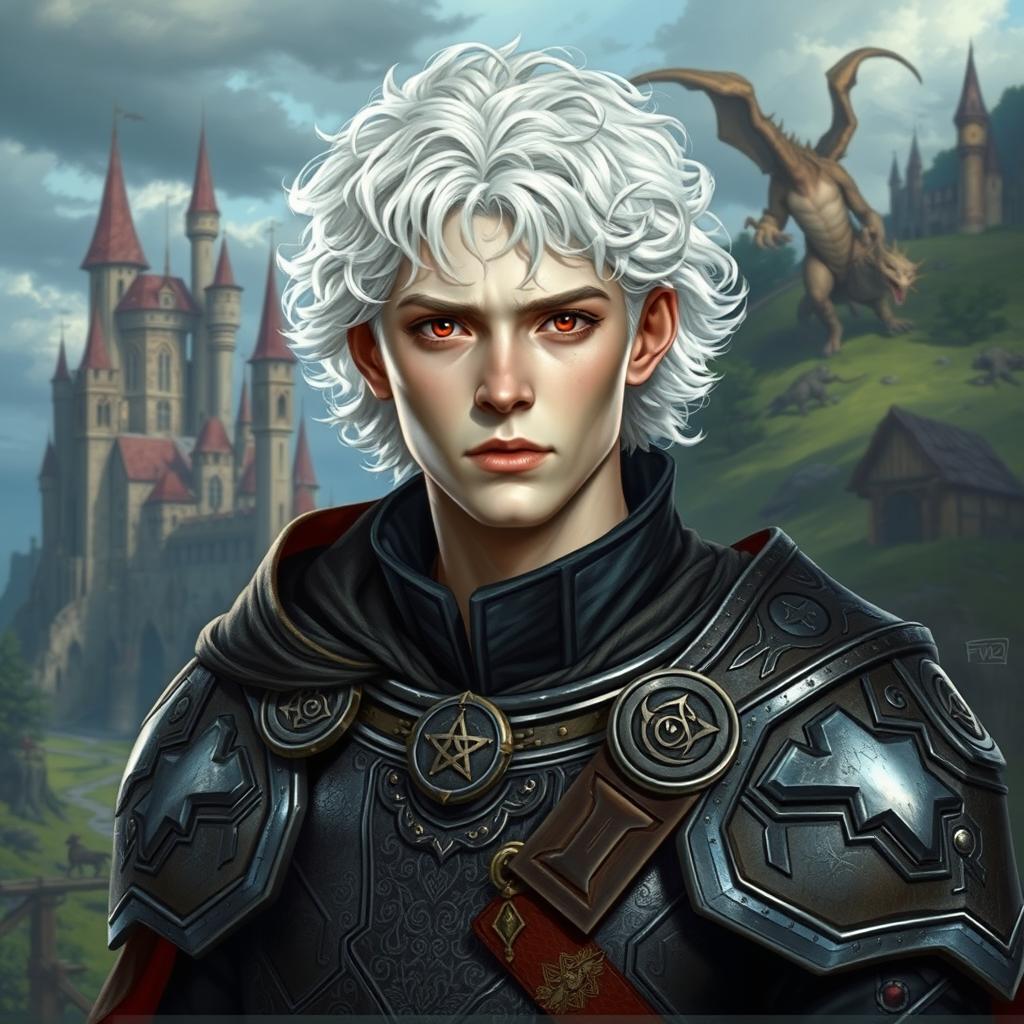 A 20-year-old albino man with pale skin, white curly hair, and striking red eyes, portrayed in a fantasy Dungeons & Dragons medieval style