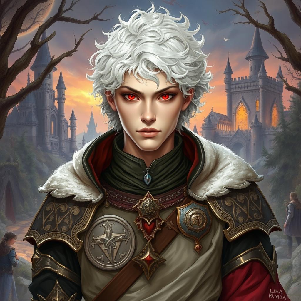 A 20-year-old albino man with pale skin, white curly hair, and striking red eyes, depicted in a fantasy Dungeons & Dragons medieval style