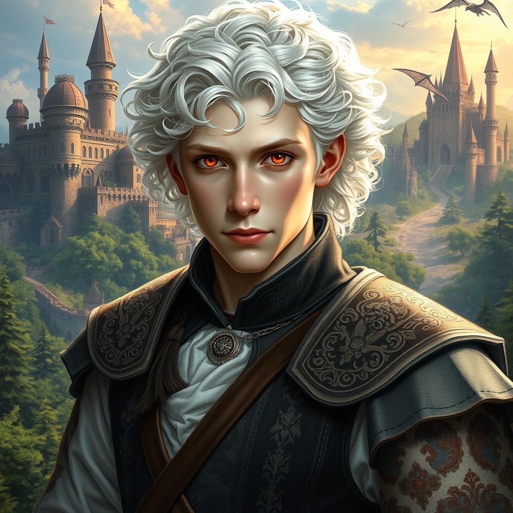 A 20-year-old albino man with pale skin, white curly hair, and striking red eyes, portrayed in a fantasy Dungeons & Dragons medieval style