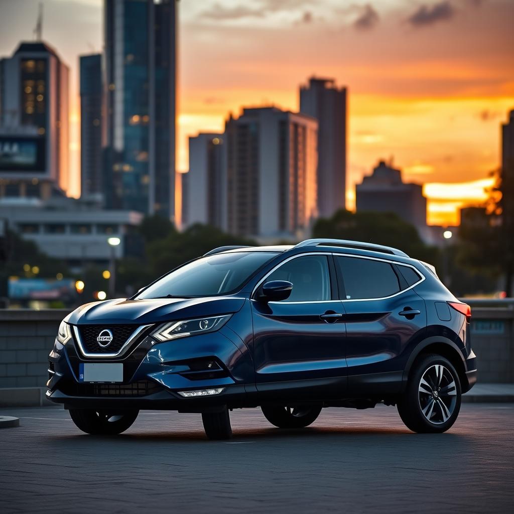 A sleek and modern Nissan Qashqai car parked in an urban setting, showcasing its stylish design and aerodynamic shape