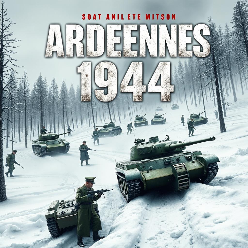 A powerful book cover design centered around the theme of the Ardennes operation in 1944, featuring the title prominently displayed in bold typography