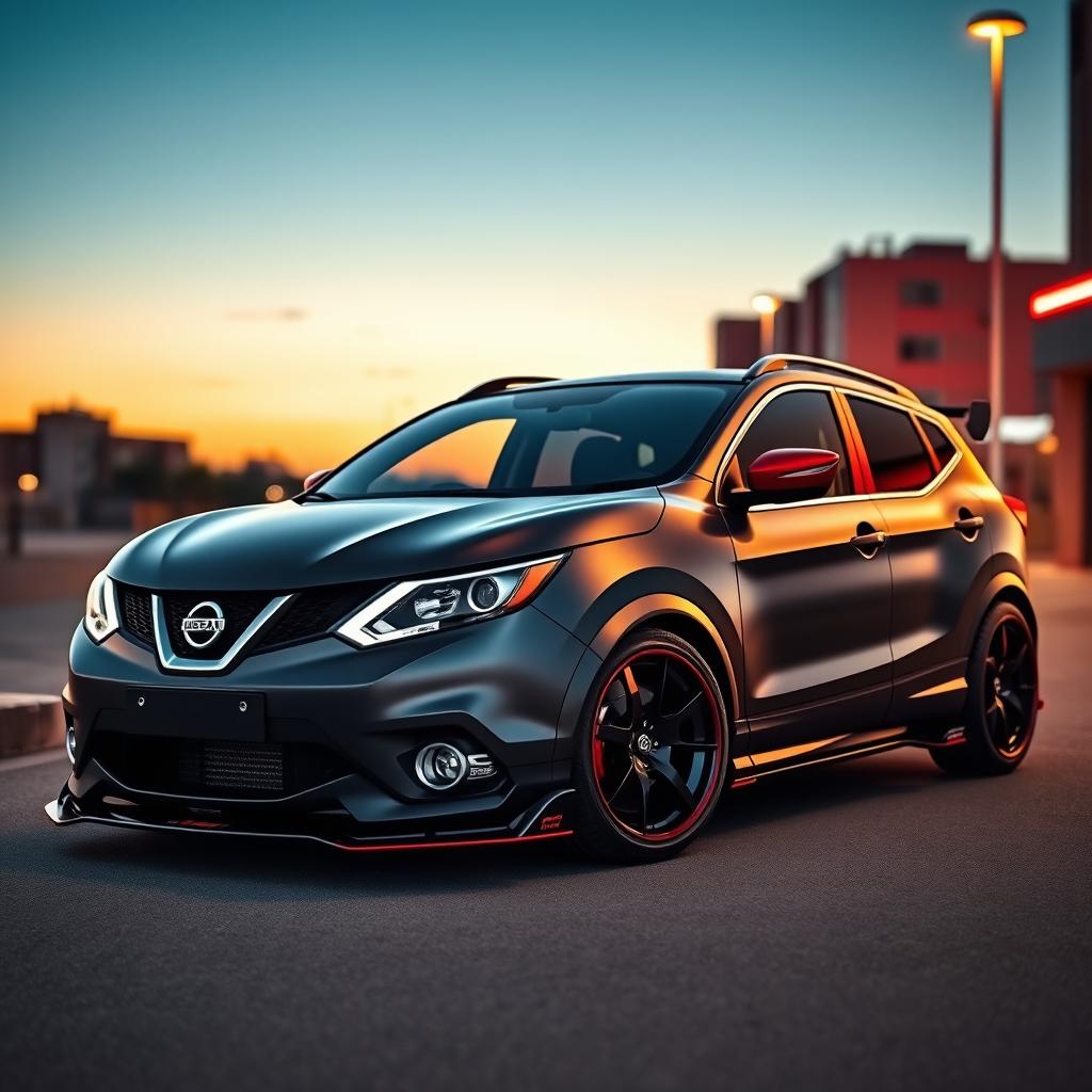 A customized Nissan Qashqai with an aggressive tuning aesthetic, featuring a lowered suspension, sporty body kit, and eye-catching alloy wheels