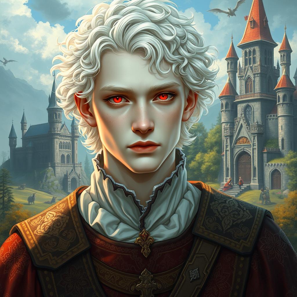 A 20-year-old albino man with very pale skin, white curly hair, and captivating red eyes, depicted in a fantasy style reminiscent of Dungeons & Dragons and medieval themes