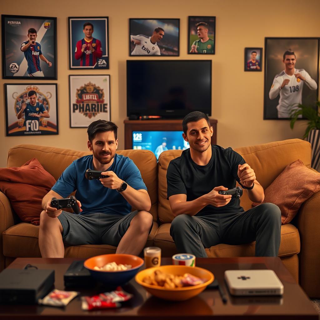 A cozy living room scene where two iconic football players, Messi and Ronaldo, are intensely playing PlayStation