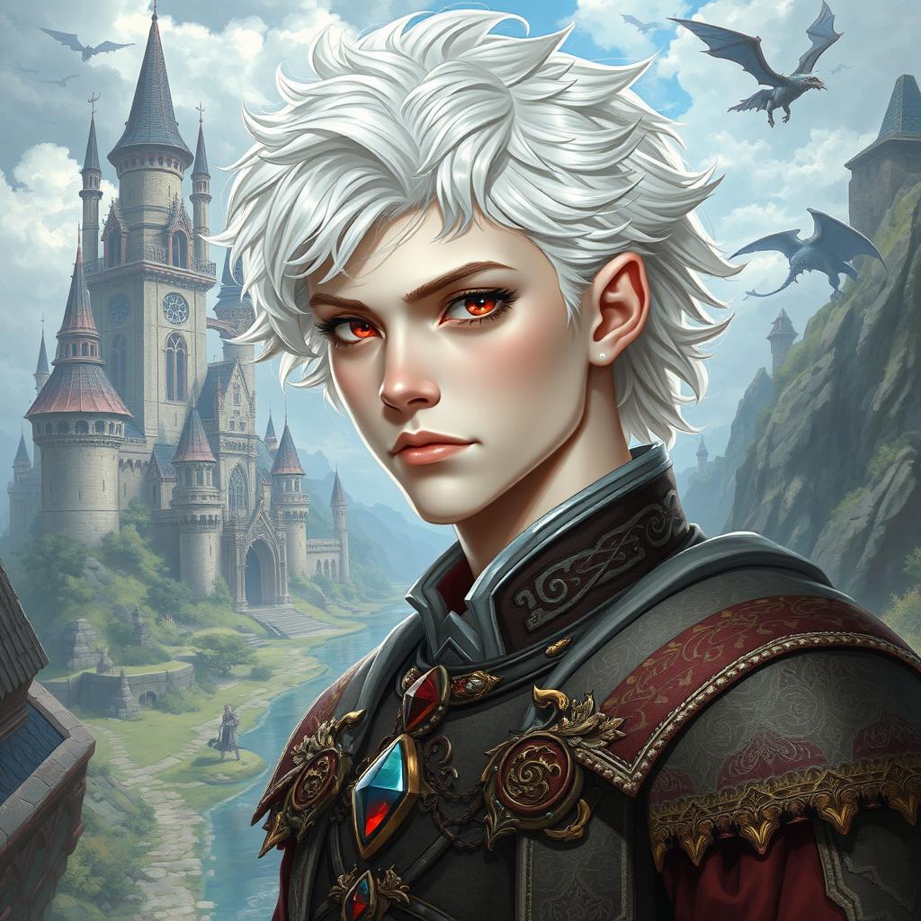 A 20-year-old albino man with pale skin, fluffy white curly hair, and vibrant red eyes, illustrated in a fantasy style reminiscent of Dungeons & Dragons and medieval themes