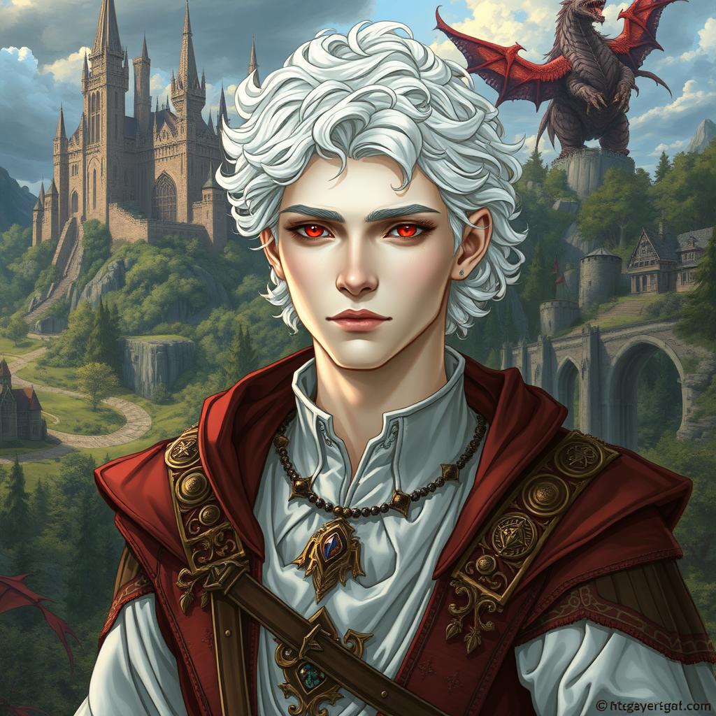A 20-year-old albino man with extremely pale skin, curly white hair, and intense red eyes, illustrated in a fantasy style that echoes the themes of Dungeons & Dragons and medieval settings