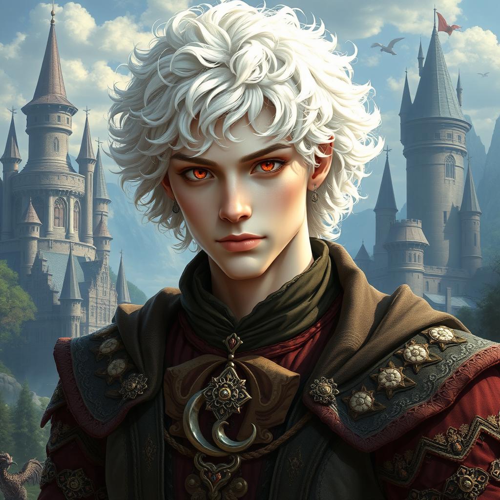 A 20-year-old albino man with very pale skin, fluffy white curly hair, and striking red eyes, visually represented in a fantasy style inspired by Dungeons & Dragons and medieval aesthetics