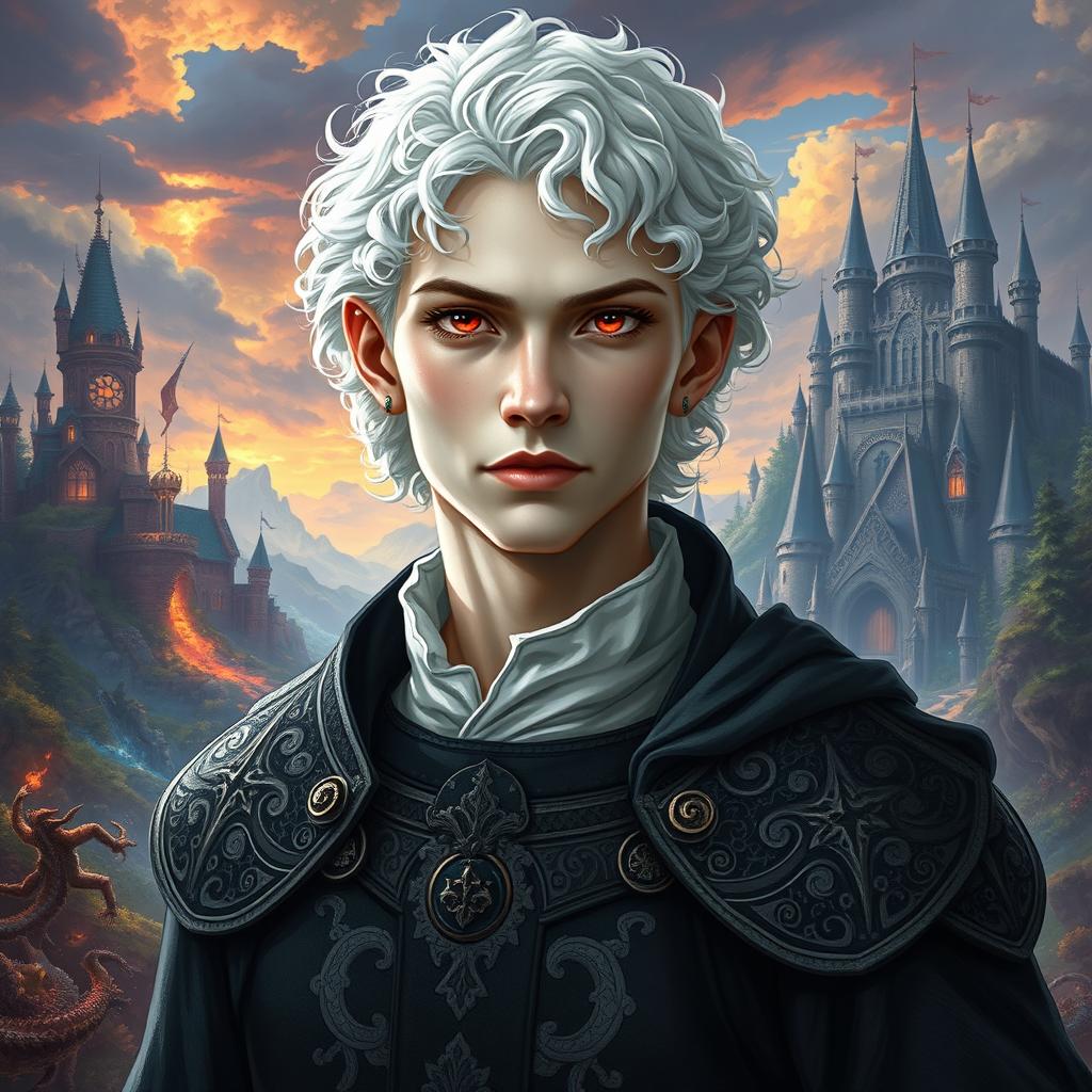 A 20-year-old albino man with extremely pale skin, curly white hair, and striking red eyes, depicted in a fantasy style inspired by Dungeons & Dragons and medieval aesthetics