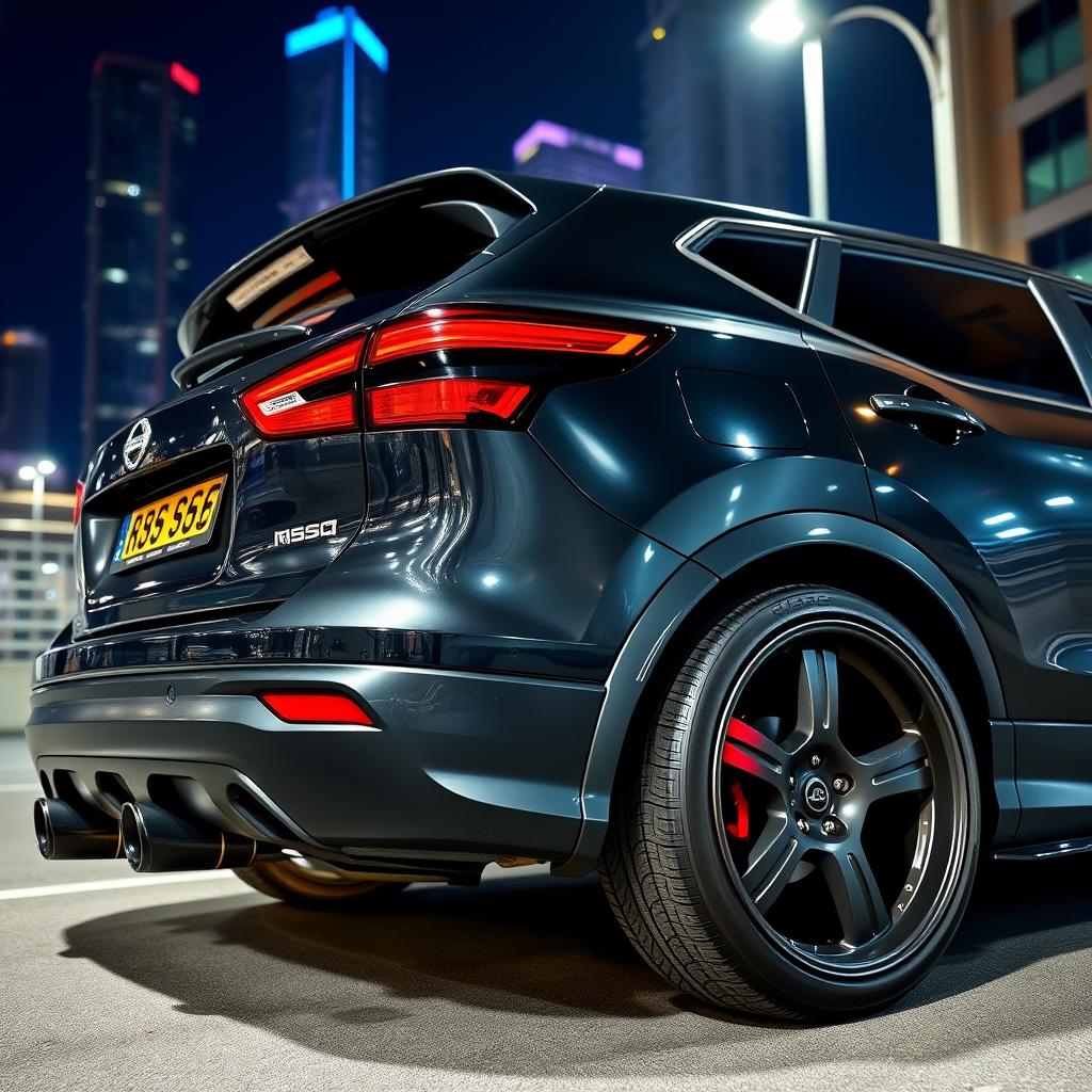 A modified Nissan Qashqai showcasing two high-performance exhaust tips, parked in an urban setting