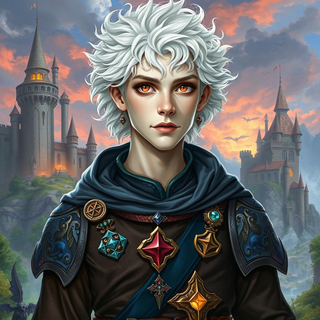 A 20-year-old albino man with very pale skin, fluffy white curly hair, and striking red eyes, depicted in a fantasy style influenced by Dungeons & Dragons and medieval themes