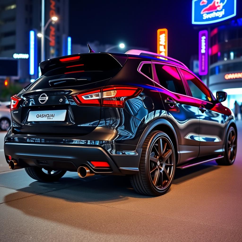 A fully tuned Nissan Qashqai in a stunning full metallic black finish, featuring dual high-performance exhaust tips
