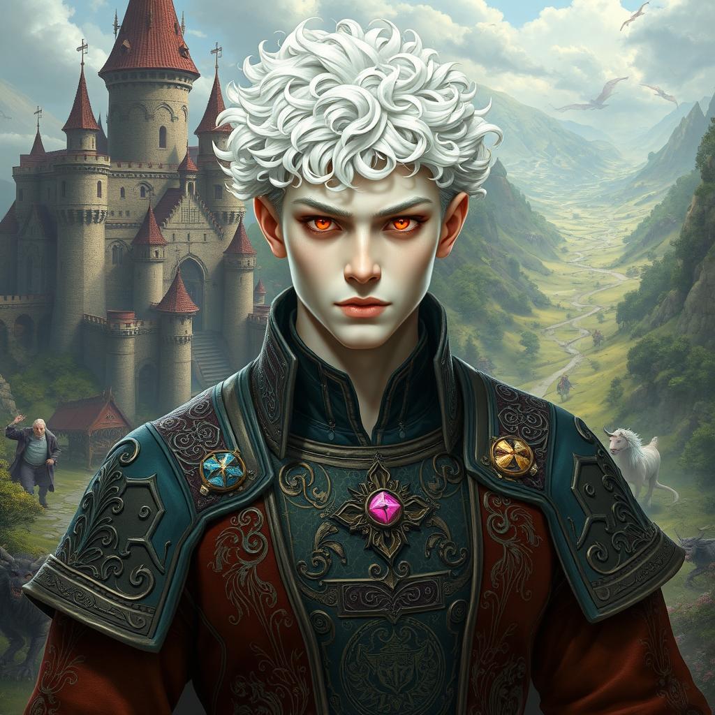 A 20-year-old albino man with extremely pale skin, fluffy white curly hair, and intense red eyes, depicted in a fantasy style reminiscent of Dungeons & Dragons and medieval themes