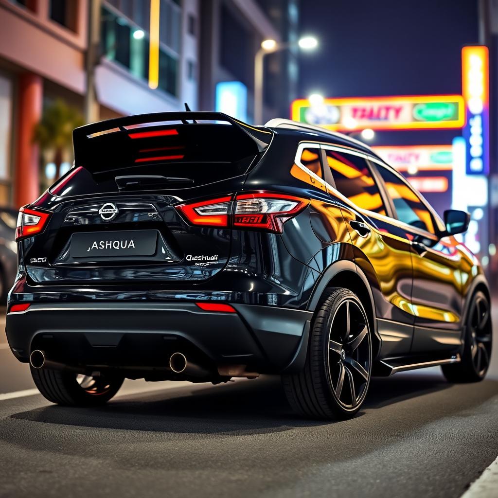 A fully tuned Nissan Qashqai in a sleek full metallic black finish, showcasing two high-performance exhaust tips positioned centrally at the rear