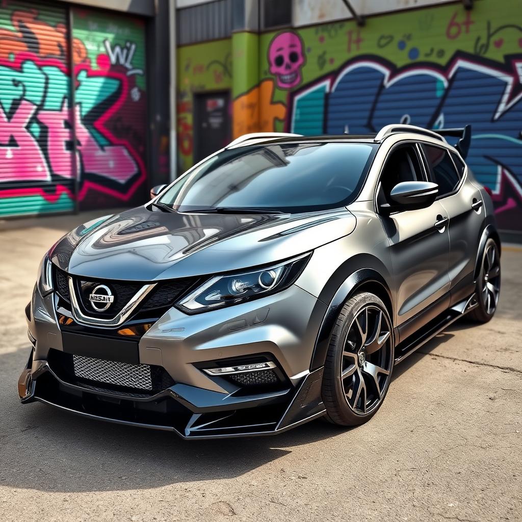 A modified Nissan Qashqai J11 featuring a complete tuning package, highlighted by a striking full black front bumper that gives it a bold and aggressive appearance