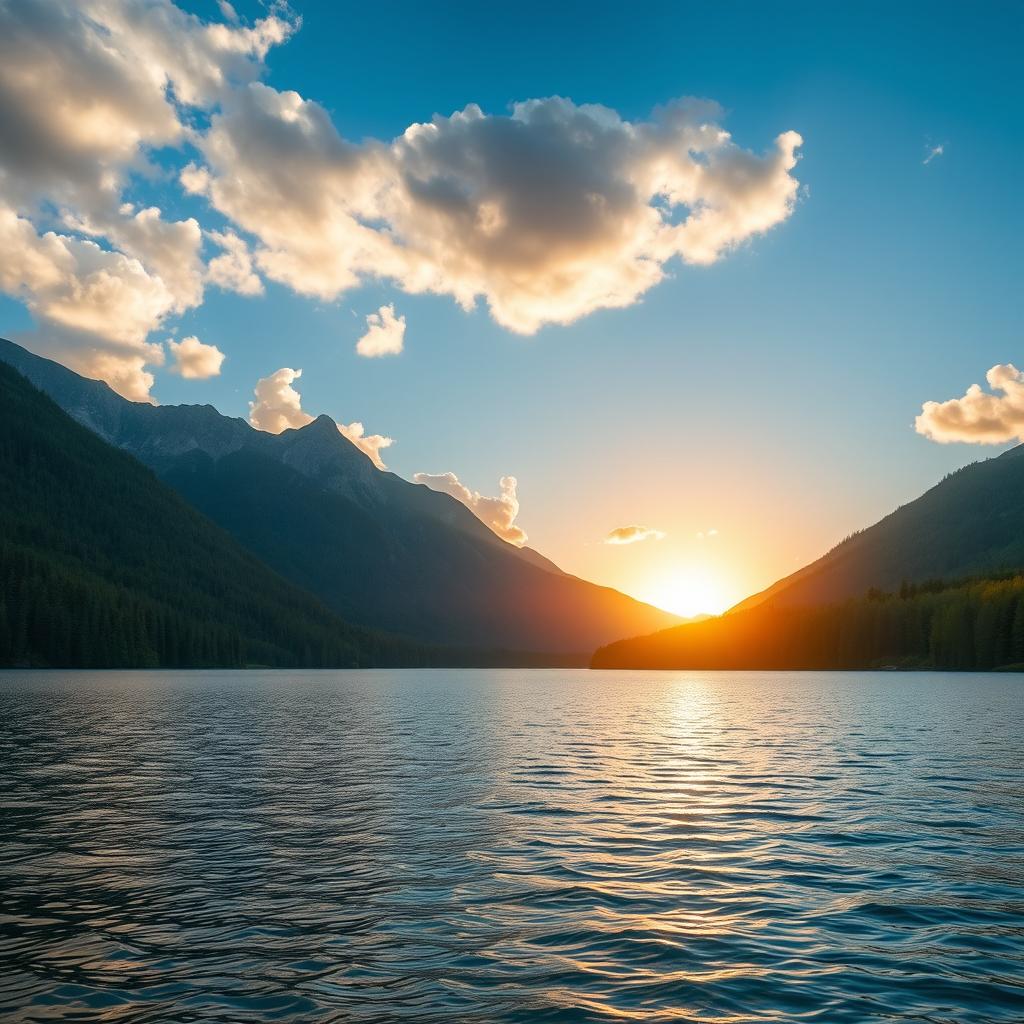 A serene landscape featuring a tranquil lake surrounded by lush green forests and majestic mountains in the background, under a bright blue sky with fluffy white clouds