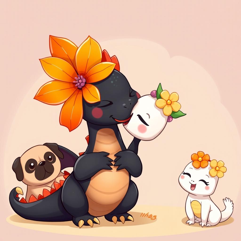 A charming cartoon scene featuring a black dragon with a vibrant flower on its head lovingly kissing a cute dodo bird