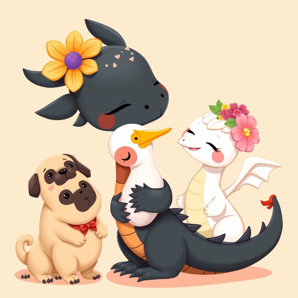 A delightful cartoon-style illustration featuring a black dragon with a colorful flower on its head tenderly kissing a cute dodo bird
