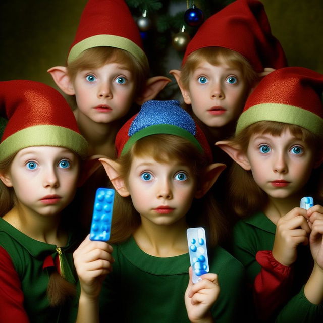 A group of Christmas Elves holding royal blue pills, they all look into the camera with wide, innocent eyes full of wonder.