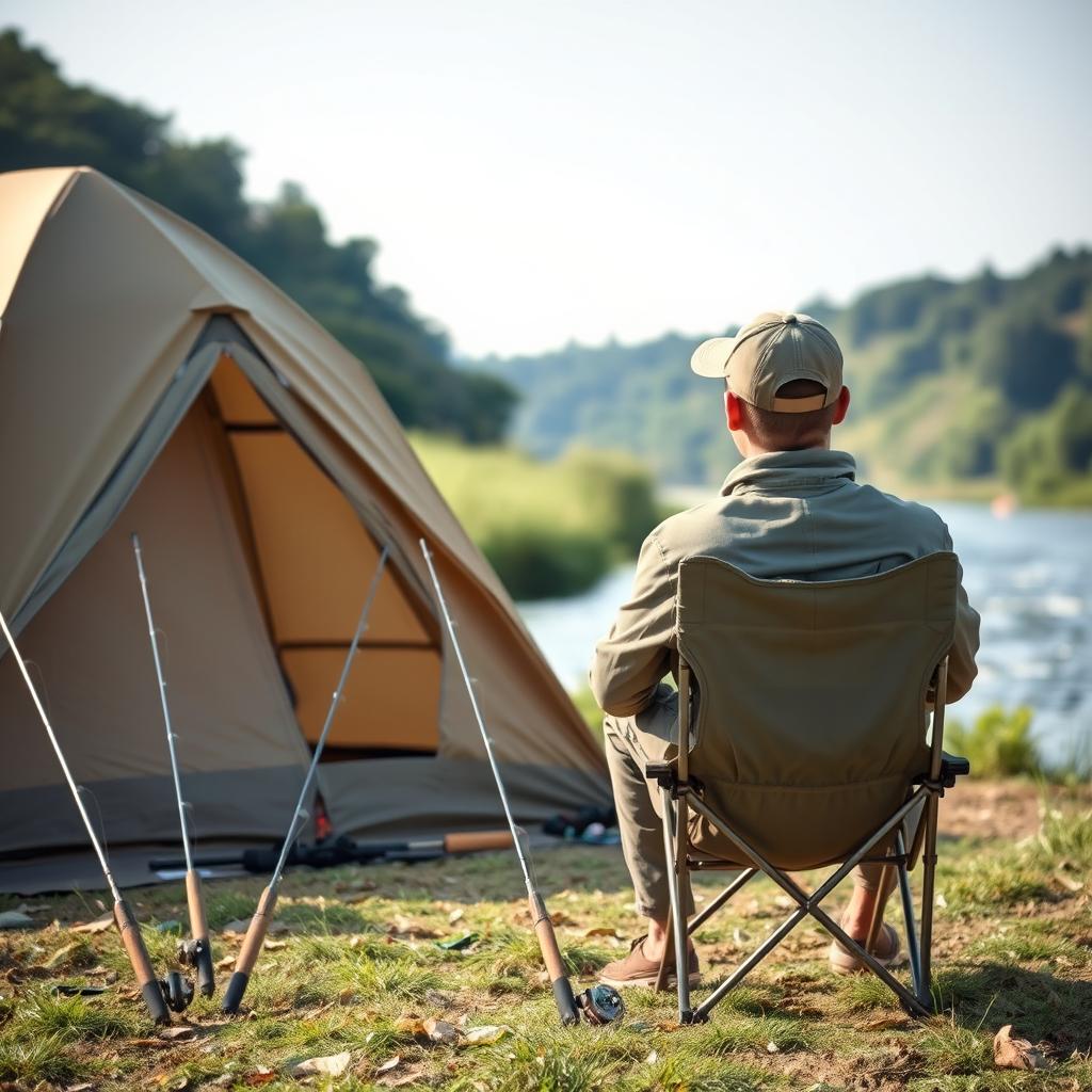 A large khaki tent set up on the picturesque banks of a wide river in Sologne, France