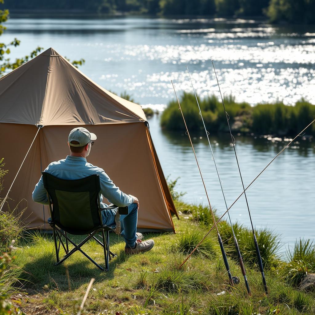 A large khaki tent positioned on the scenic banks of a wide river in Sologne, France