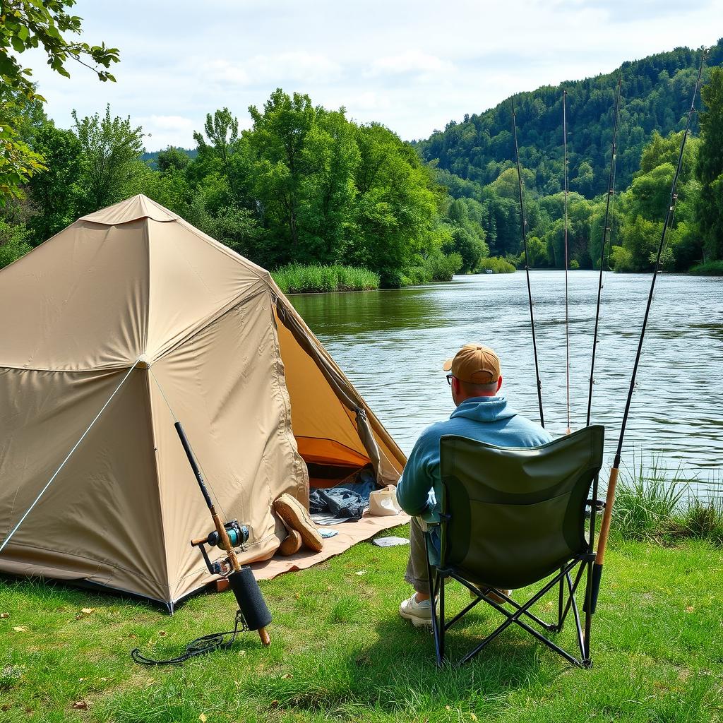 A large khaki tent pitched on the scenic banks of a wide river in Sologne, France