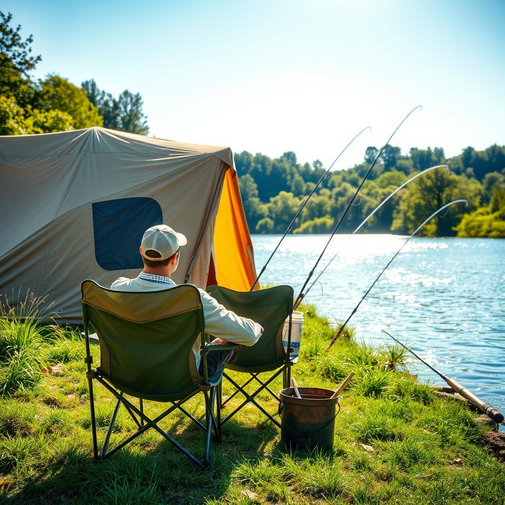 A large khaki tent set up on the banks of a wide river in Sologne, France, creating a serene outdoor scene