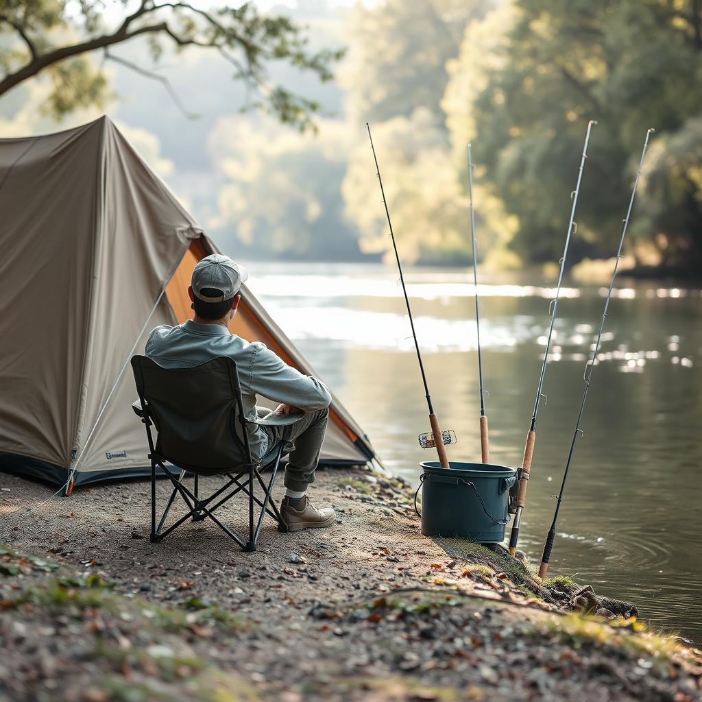 A large khaki tent set up on the serene banks of a wide river in Sologne, France