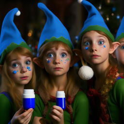 A group of Christmas Elves holding royal blue pills, they all look into the camera with wide, innocent eyes full of wonder.