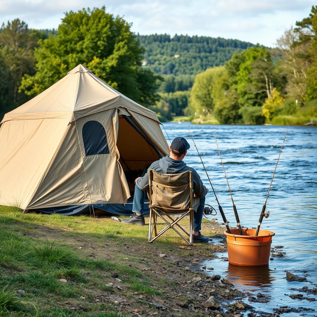 A large khaki tent positioned on the picturesque banks of a wide river in Sologne, France