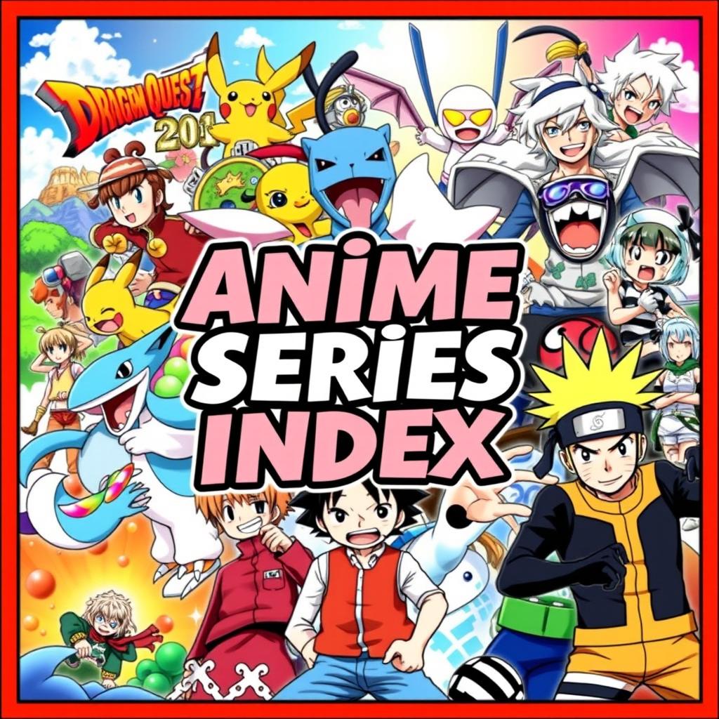 A vibrant and dynamic cover for an Anime Series Index, featuring a collage of popular anime characters