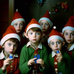 A group of Christmas Elves holding royal blue pills, they all look into the camera with wide, innocent eyes full of wonder.