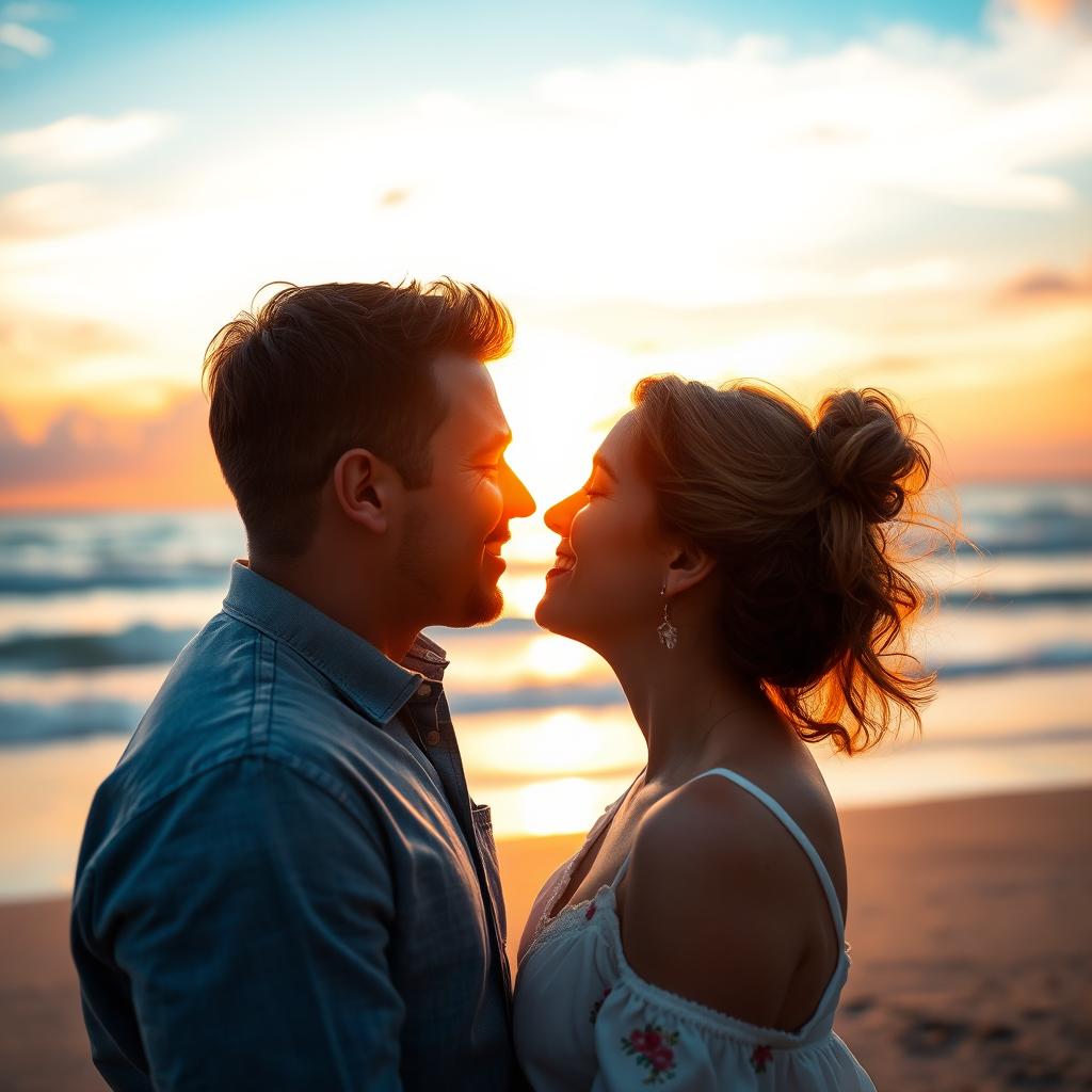 A romantic scene of two adults leaning in to kiss under a beautiful sunset