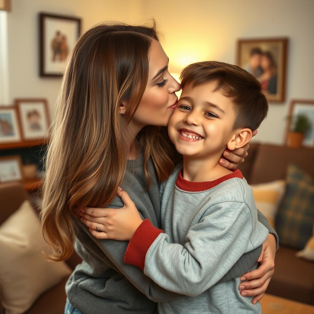 A heartfelt moment between a mother and her son, depicted as a gentle and loving kiss on the lips, capturing a tender bond and affection