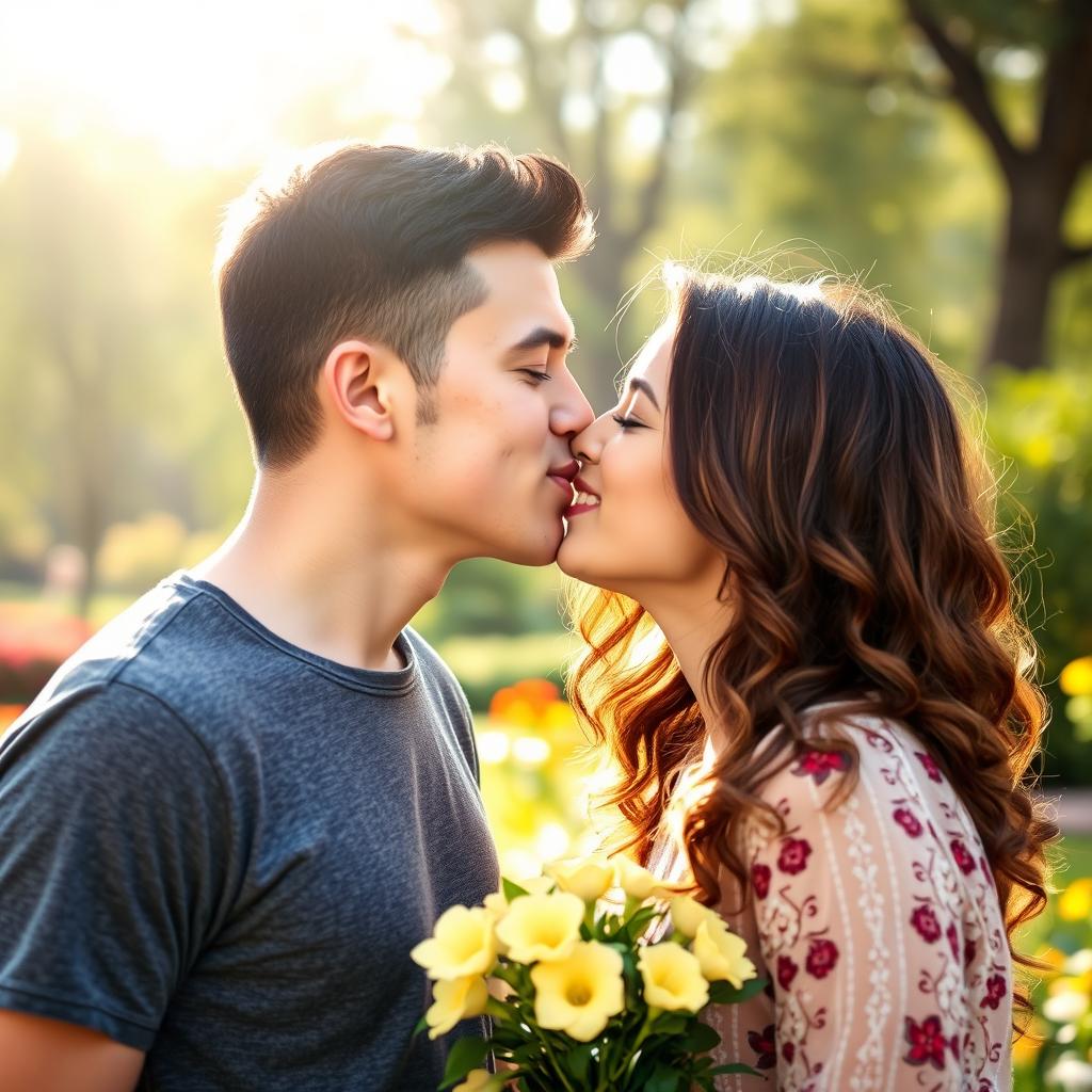 An affectionate moment between two adult siblings, a brother and sister, sharing a gentle kiss on the lips