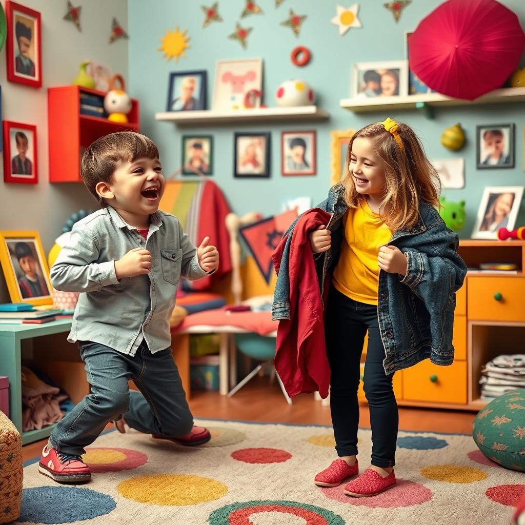 A humorous and playful scene depicting a brother who has accidentally removed his sister's outfit in a light-hearted manner