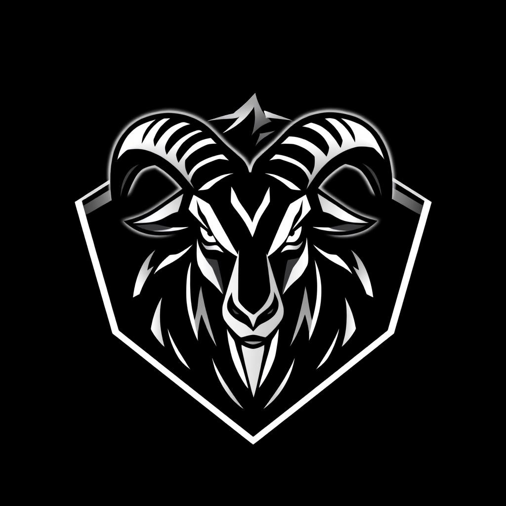A logo design featuring a stylized goat head, predominantly in white color standing out against a solid black background