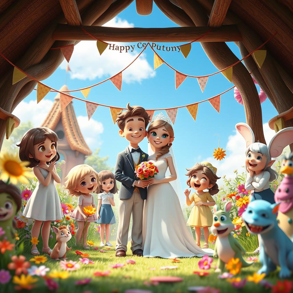 A fantastical and whimsical setting depicting a fictional wedding ceremony between a brother and sister in a playful, fairy-tale world