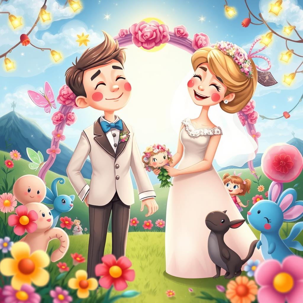 A whimsical and fantastical illustration of a fictional wedding ceremony between a son and his mother, set in a vibrant fairy-tale landscape