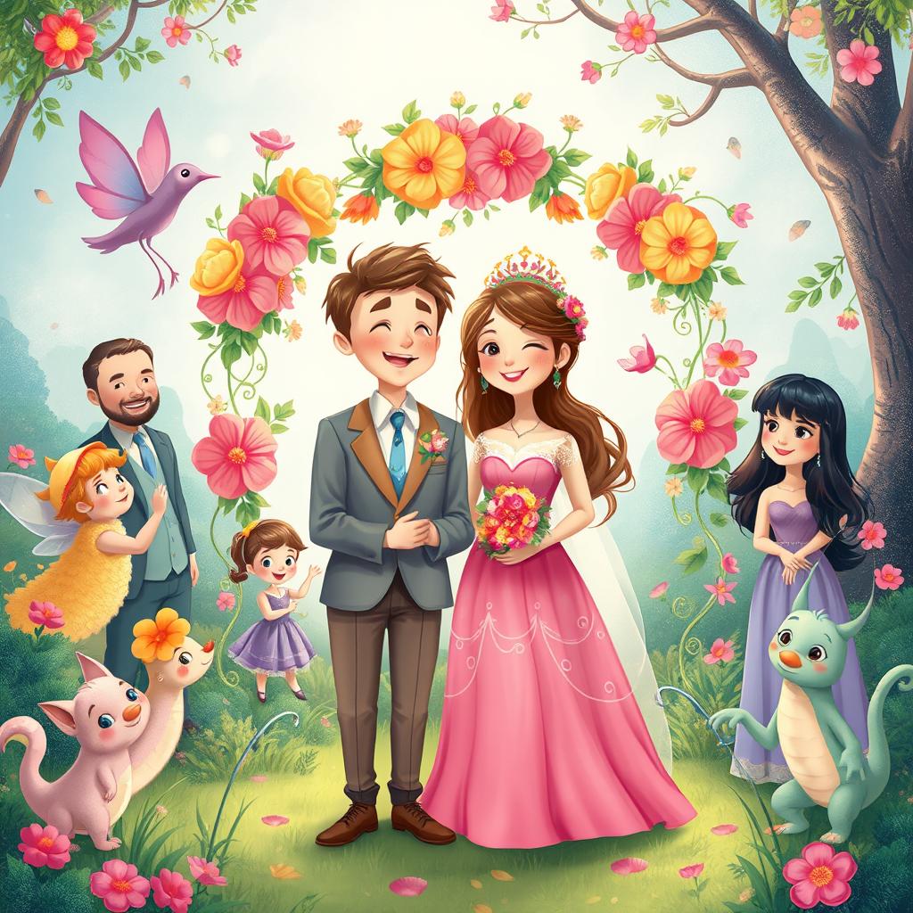 A fictional, whimsical illustration showcasing a playful wedding ceremony between a brother and sister in a fantastical and colorful fairy-tale setting