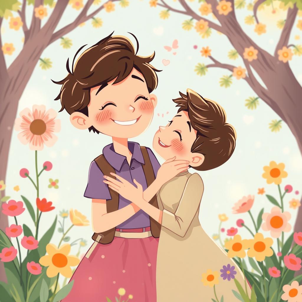 A playful and imaginative illustration depicting a humorous and whimsical moment between a son and his mother in a light-hearted fantasy setting
