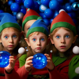 A group of Christmas Elves holding royal blue pills, they all look into the camera with wide, innocent eyes full of wonder.