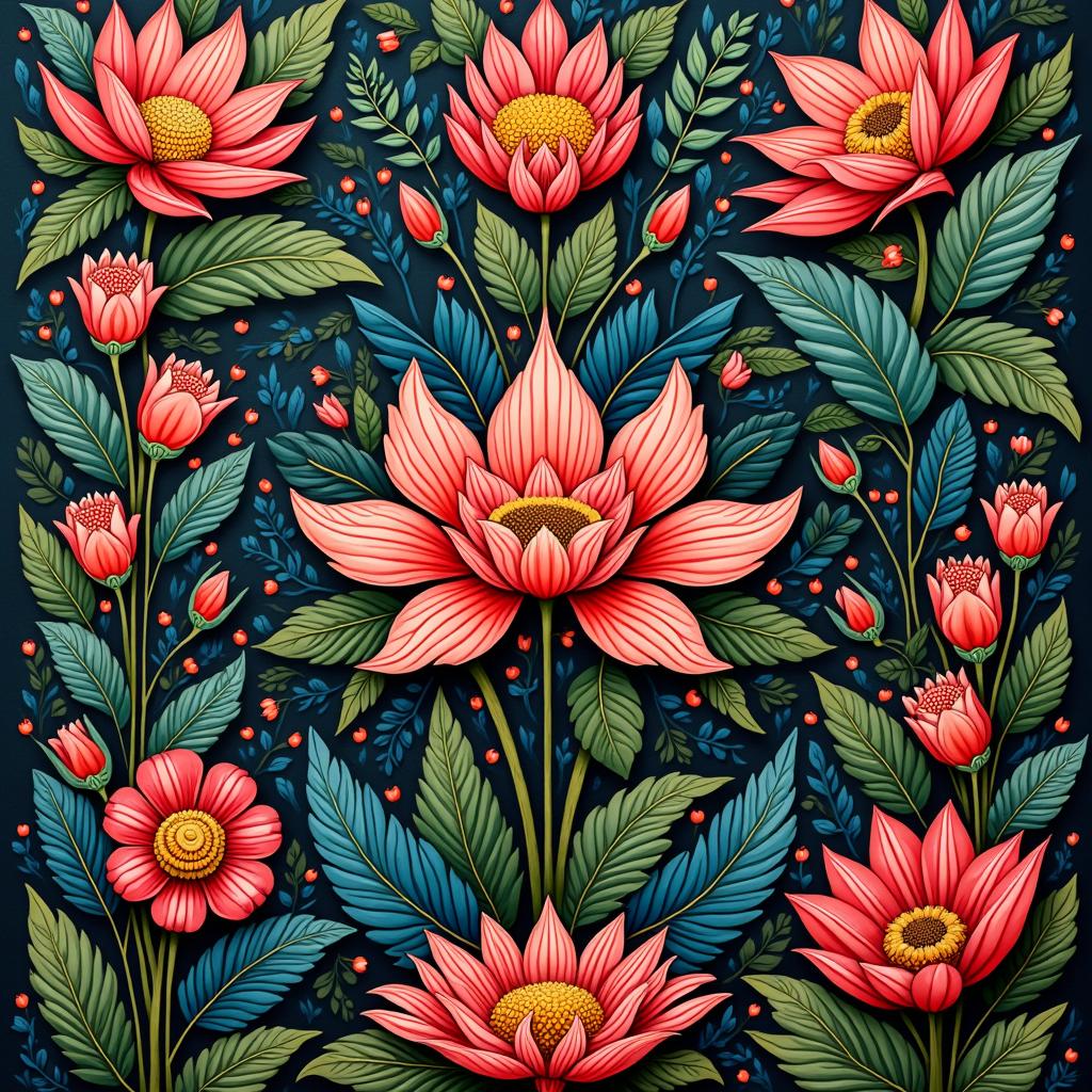 A vibrant and colorful representation of traditional Malay artwork, featuring intricate patterns and motifs typical of Batik patterns and wood carvings