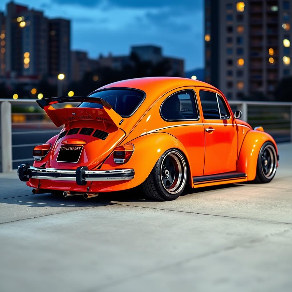 A 1973 Volkswagen Super Beetle 1600 modified with a sporty body kit, featuring a low suspension that gives it a sleek and aggressive stance