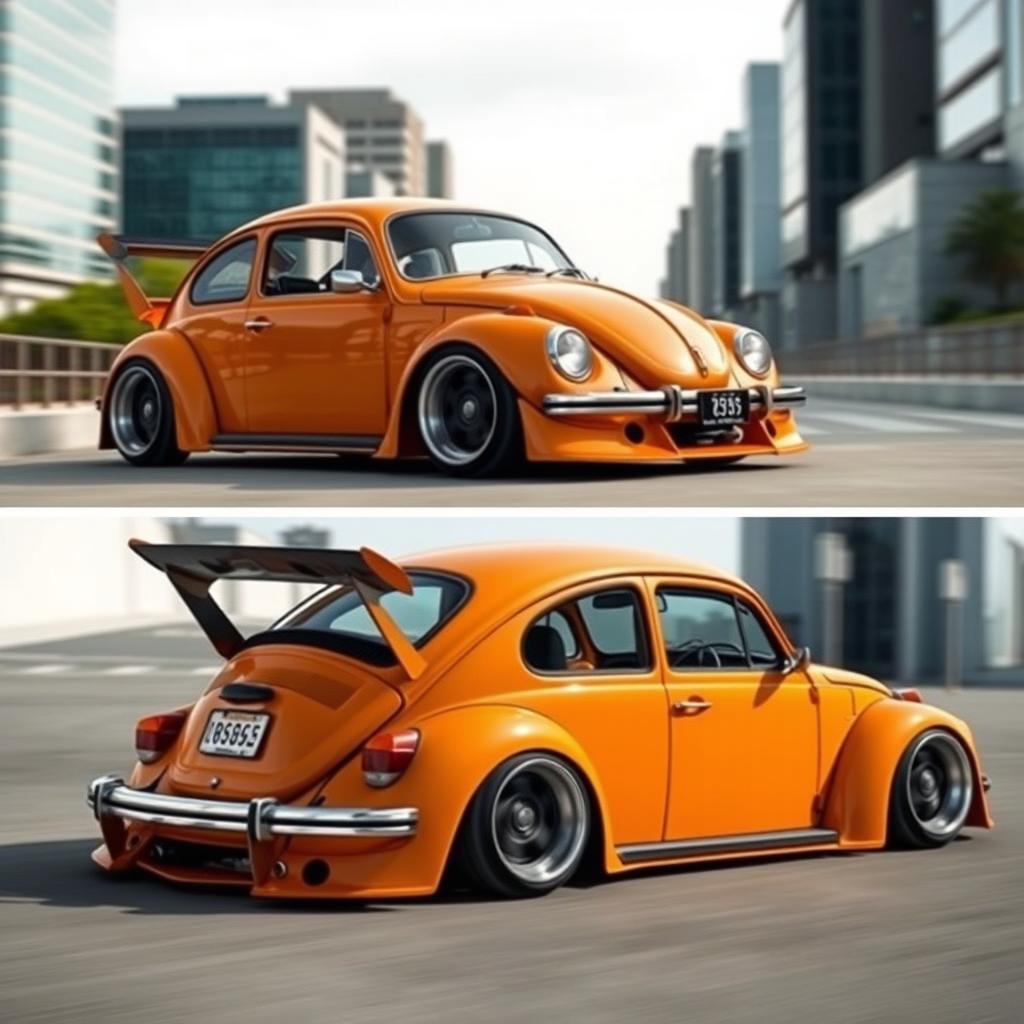 A 1973 Volkswagen Super Beetle 1600 modified with a sporty body kit, showcasing a low suspension and a competition-style rear spoiler