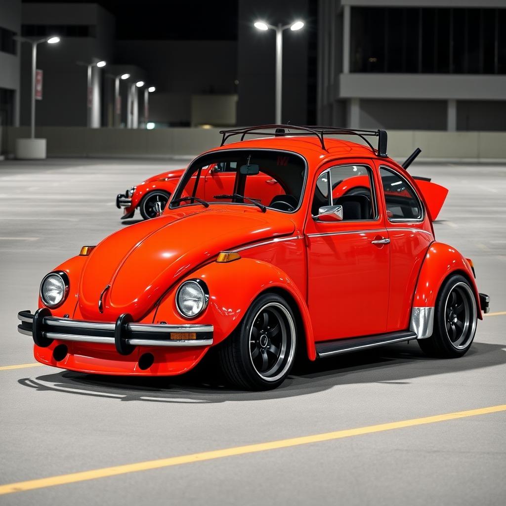A 1973 Volkswagen Super Beetle 1600 modified with a sporty body kit, featuring a low suspension and a competition-style rear spoiler