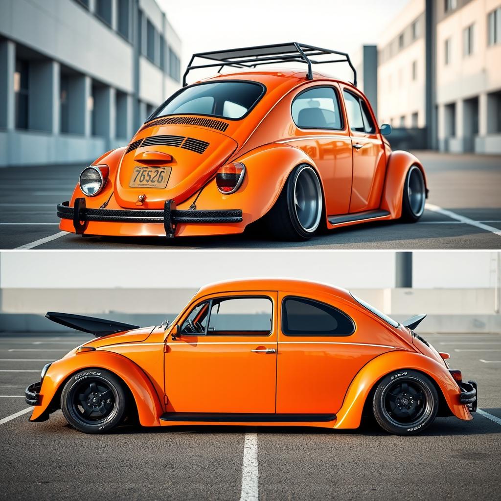 A 1973 Volkswagen Super Beetle 1600 modified with a sporty body kit, showcasing a low suspension and a sleek black carbon fiber competition rear spoiler