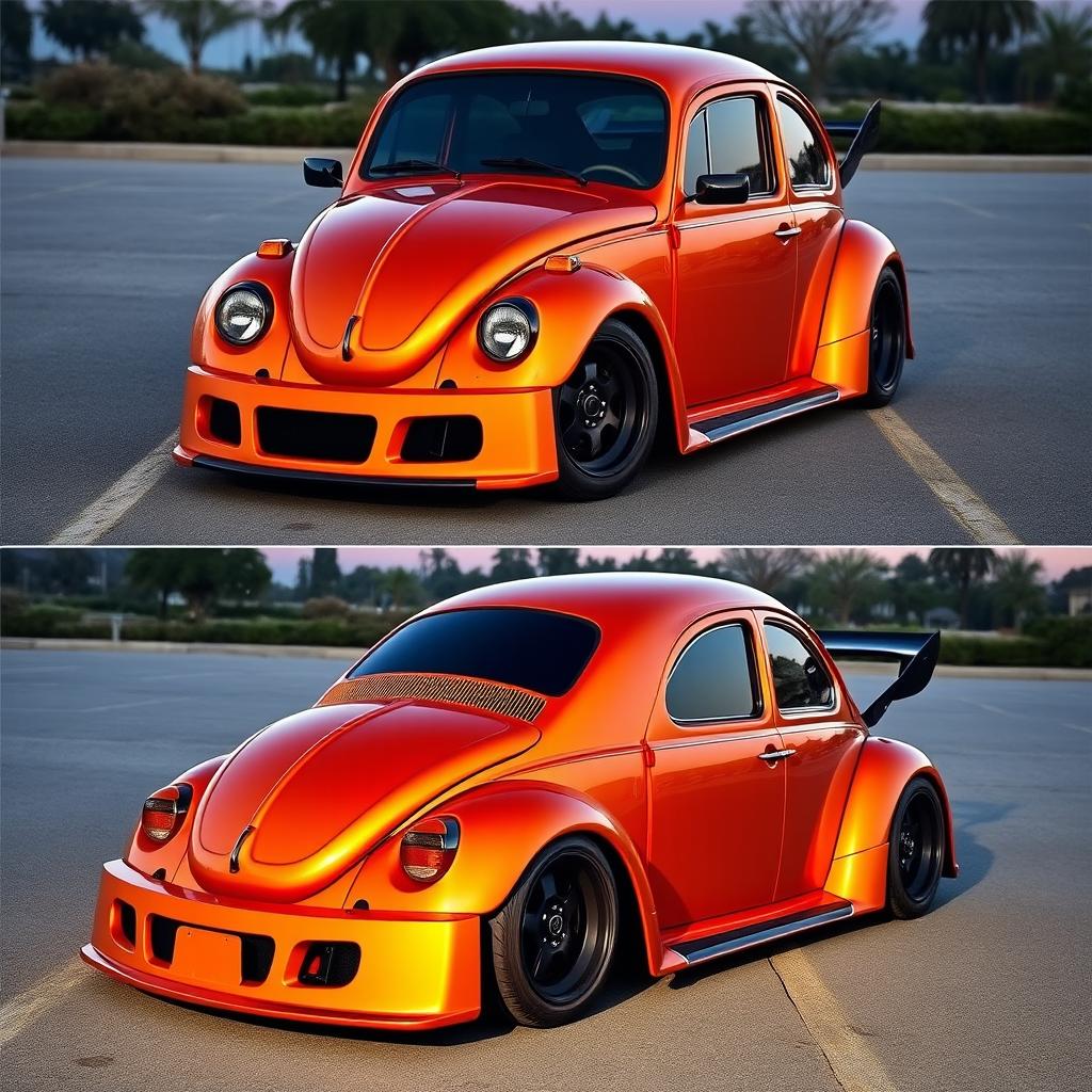 A 1973 Volkswagen Super Beetle 1600 in metallic orange color, featuring sporty front and rear bumpers and wide fenders designed for a VW